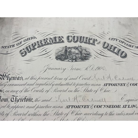 1900 Supreme Court Ohio Attorney Certificate Legal Document Karl Cadwell Antique - Picture 3 of 7